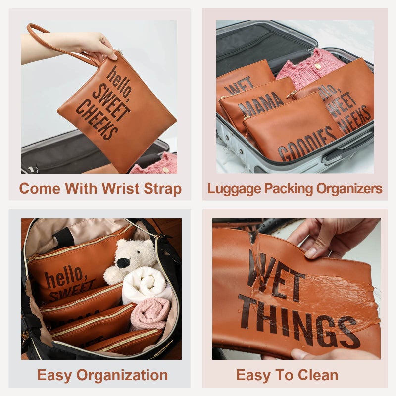 MOMINSIDE Baby Diaper Bag Organizer, Water Resistant Wet Bags Set of 4 Leather Diaper Clutch,Diaper Bag Organizing Pouches Packing Cubes, Cloth Diaper Wet Dry Bags for Daily Use Travel Vacations - Image 2