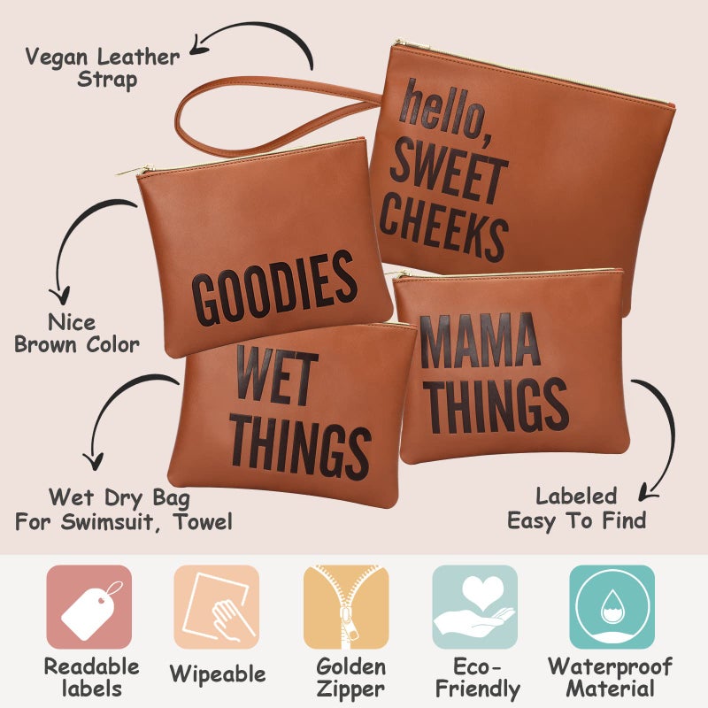 MOMINSIDE Baby Diaper Bag Organizer, Water Resistant Wet Bags Set of 4 Leather Diaper Clutch,Diaper Bag Organizing Pouches Packing Cubes, Cloth Diaper Wet Dry Bags for Daily Use Travel Vacations - Image 3