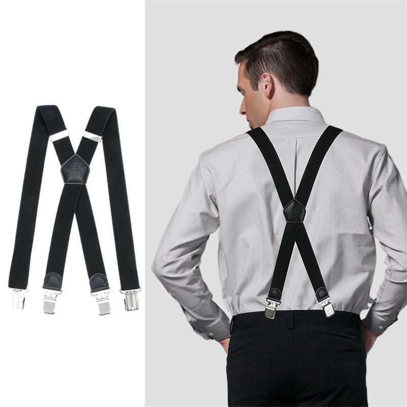 Elastic Adjustable Mens Suspenders with 4 Clips Black