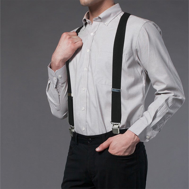 Elastic Adjustable Mens Suspenders with 4 Clips Black