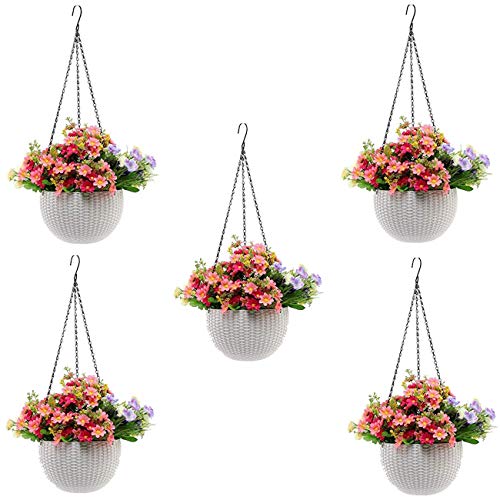 Bianco Round Rattan Woven Hanging Planters with Hanging Chain, Hanging Pots for Plants Balcony (White, Set of 5, 7.1x4.8 Inch) - Image 1