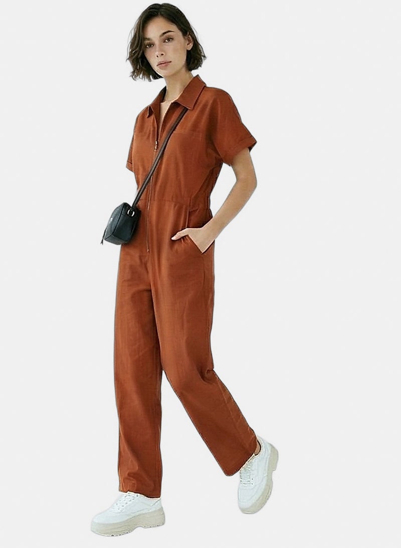 RAVIN Women Rust Short Sleeve Zip-Up Utility Jumpsuit - Image 4