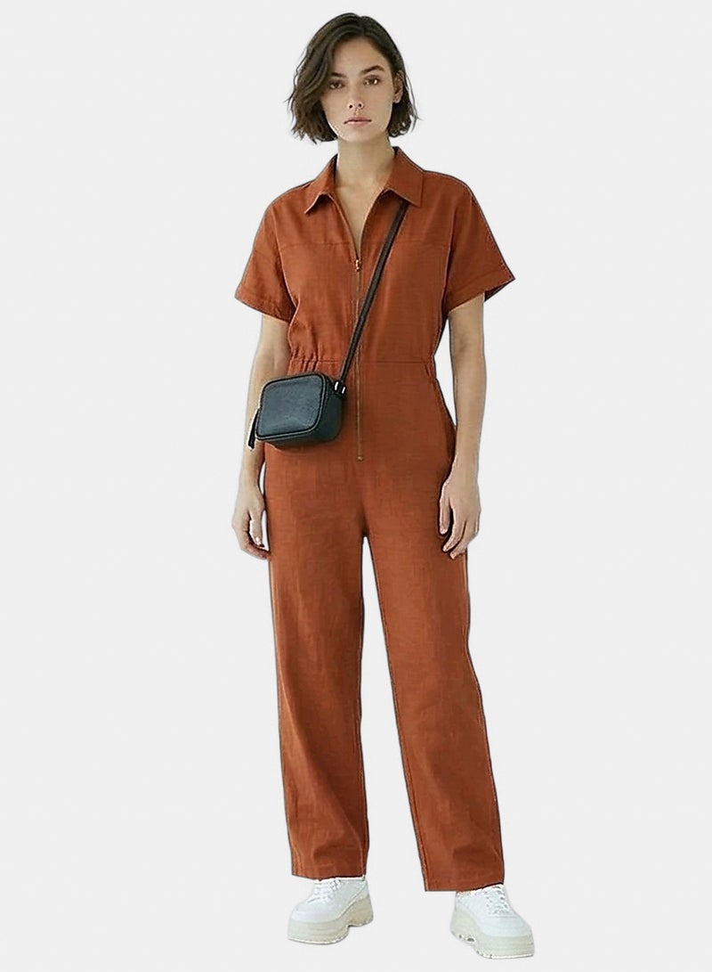 RAVIN Women Rust Short Sleeve Zip-Up Utility Jumpsuit - Image 1