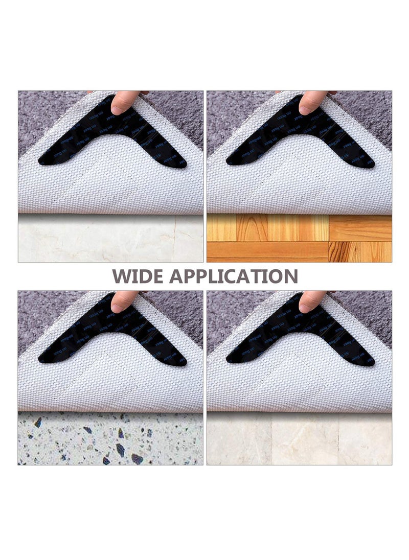 Black L Shape Rug Gripper Rug Tape 8 Pcs Double Sided Anti Curling Non Slip Reusable Rug Pad for Hardwood Floors, Carpets, Floor Mats in Place & Make Corner Flat and Easily Peel Off
