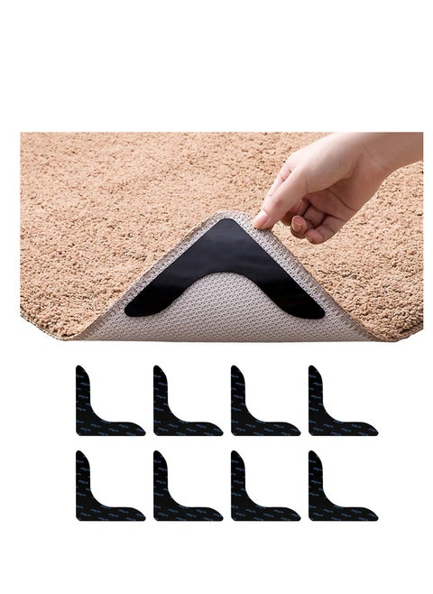 Black L Shape Rug Gripper Rug Tape 8 Pcs Double Sided Anti Curling Non Slip Reusable Rug Pad for Hardwood Floors, Carpets, Floor Mats in Place & Make Corner Flat and Easily Peel Off