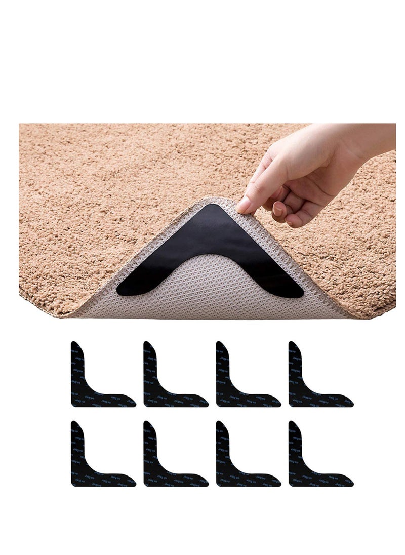 Peachjoy Black L Shape Rug Gripper Rug Tape 8 Pcs Double Sided Anti Curling Non Slip Reusable Rug Pad for Hardwood Floors, Carpets, Floor Mats in Place & Make Corner Flat and Easily Peel Off  - Image 1