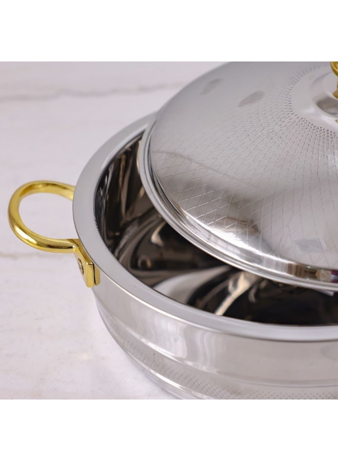 DANUBE HOME Nomaris Hot Pot with Etching Work, Gold & Shiny Polished, 2500 ml – Elegant Luxury Serving Pot, Durable & Stylish Design for Family Meals, Special Occasions & Festive Dining 28x28x14CM  - Image 3
