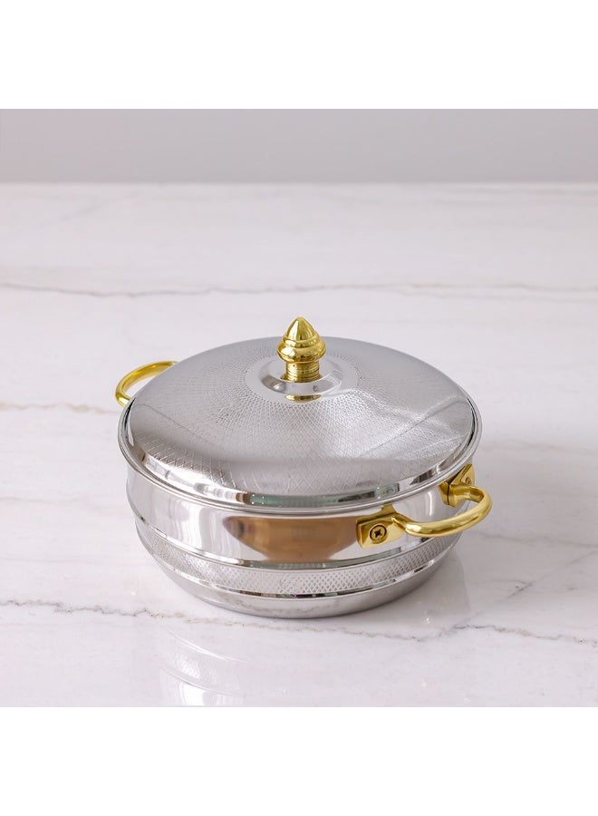 DANUBE HOME Nomaris Hot Pot with Etching Work, Gold & Shiny Polished, 2500 ml – Elegant Luxury Serving Pot, Durable & Stylish Design for Family Meals, Special Occasions & Festive Dining 28x28x14CM  - Image 1