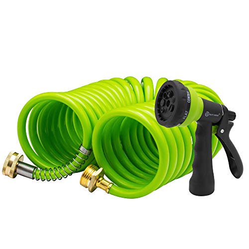 AUTOMAN EVA Recoil Garden Hose 25ft - Includes 7 Pattern Spray Nozzle,Curly Water Hose 25 Foot,Watering Hose Coil,Retractable,Corrosion Resistant Garden Coil Hose.Green - Image 1