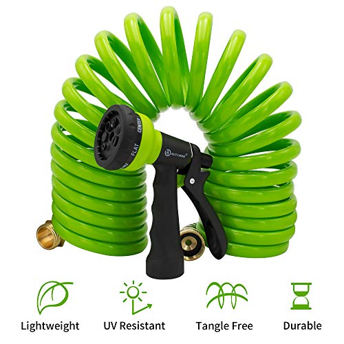 AUTOMAN EVA Recoil Garden Hose 25ft - Includes 7 Pattern Spray Nozzle,Curly Water Hose 25 Foot,Watering Hose Coil,Retractable,Corrosion Resistant Garden Coil Hose.Green - Image 3