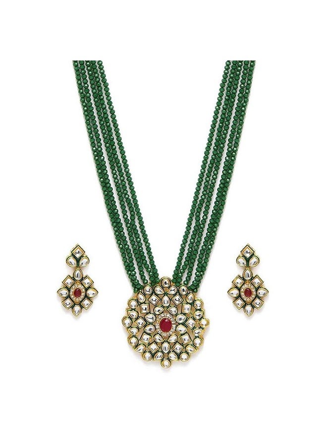 I Jewels I Jewels 5 Layered Onyx Crystal Beads Alloy Necklace Jewellery Set Glided With Uncut Polki Kundan for Women & Girls (ML269) (Green-1)  - Image 1