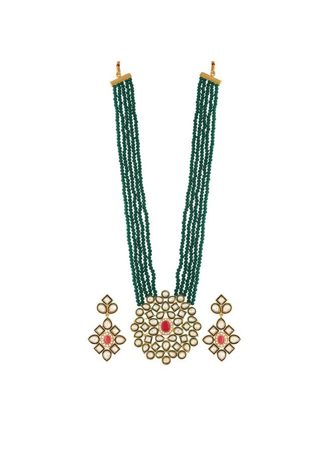 I Jewels I Jewels 5 Layered Onyx Crystal Beads Alloy Necklace Jewellery Set Glided With Uncut Polki Kundan for Women & Girls (ML269) (Green-1)  - Image 3