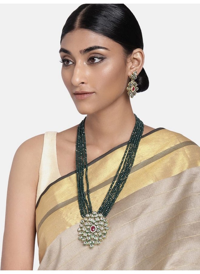 I Jewels I Jewels 5 Layered Onyx Crystal Beads Alloy Necklace Jewellery Set Glided With Uncut Polki Kundan for Women & Girls (ML269) (Green-1)  - Image 2