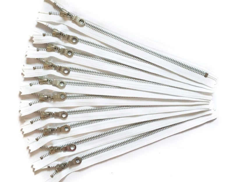 Craftbot 6 Inch Aluminum Silver Metal YKK Zippers in White with Donut Pulls Number 5 Set of 12 Pieces by Craftbot - Image 1
