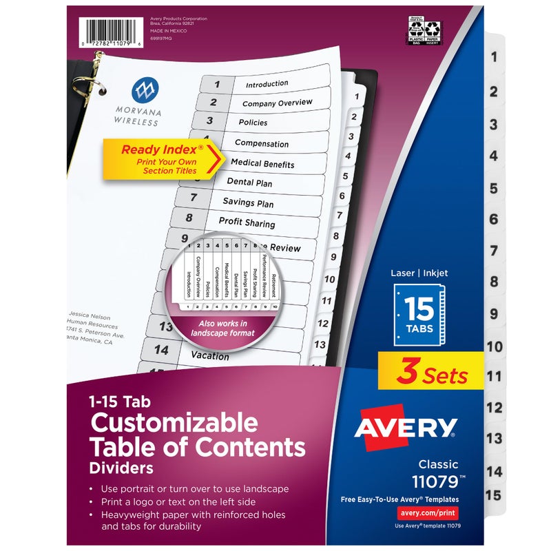 Avery Dividers for 3 Ring Binders 15 Tabs per Set Customizable Table of Contents Classic White Tabs Great for Organizing Reports Projects and More 3 Sets of 11079