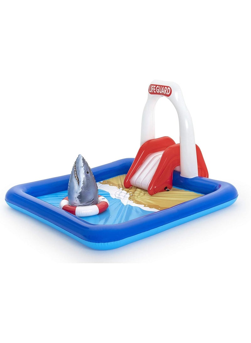 Bestway Large Kids Inflatable Pool with Slide & Water Spray Tower – Rescue Lookout Design 234×203×129 cm with Floating Shark Bag - Image 1