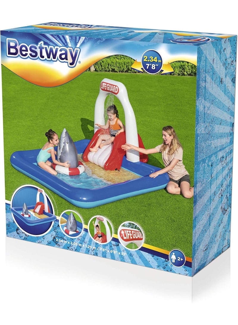 Bestway Large Kids Inflatable Pool with Slide & Water Spray Tower – Rescue Lookout Design 234×203×129 cm with Floating Shark Bag - Image 2