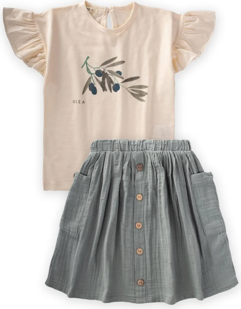 Cigit Olive Printed Organic Skirted Suit Ecru