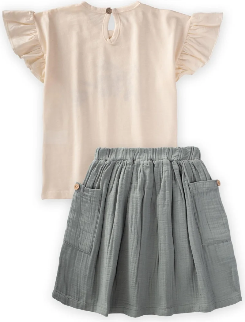 Cigit Olive Printed Organic Skirted Suit Ecru