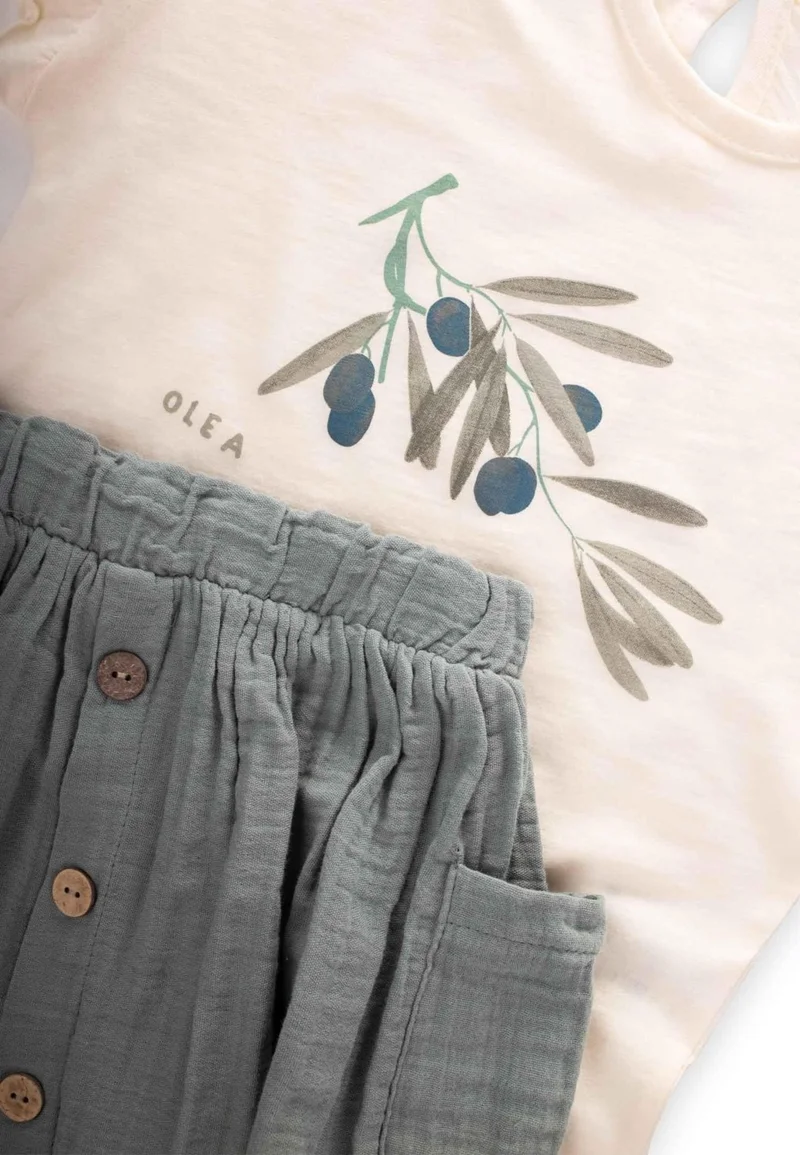 Cigit Olive Printed Organic Skirted Suit Ecru