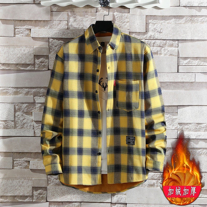 2023 fleece-lined thick thermal shirt mens plaid casual shirt brushed youth Korean-style slim-fit fleece shirt 8871 yellow [Velvet]]