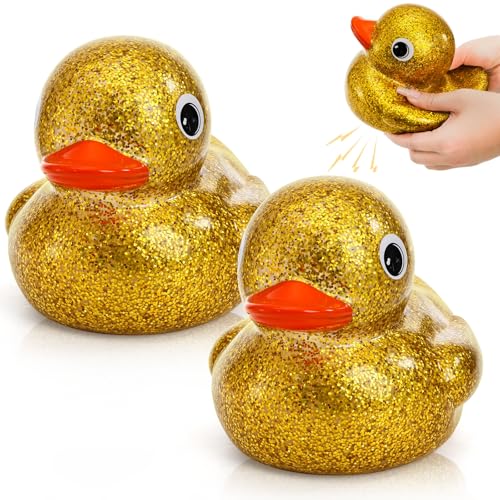 Goaste 2 Pack Giant Glitter Rubber Ducks 67 Inch Big Yellow Ducky Large Sparkly Toy Duckies with Squeaky Sound Bathtub Floating Rubber Ducks for Baby Shower Birthday Party Summer Beach - Image 1