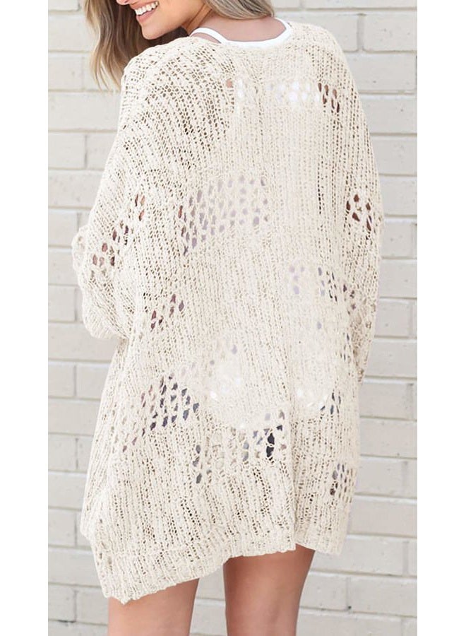 Mafulus Women's Crochet Cardigan Kimono Boho Long Sleeve Lightweight Soft Oversized Open Front Knitted Sweater, Beige, XL - Image 3