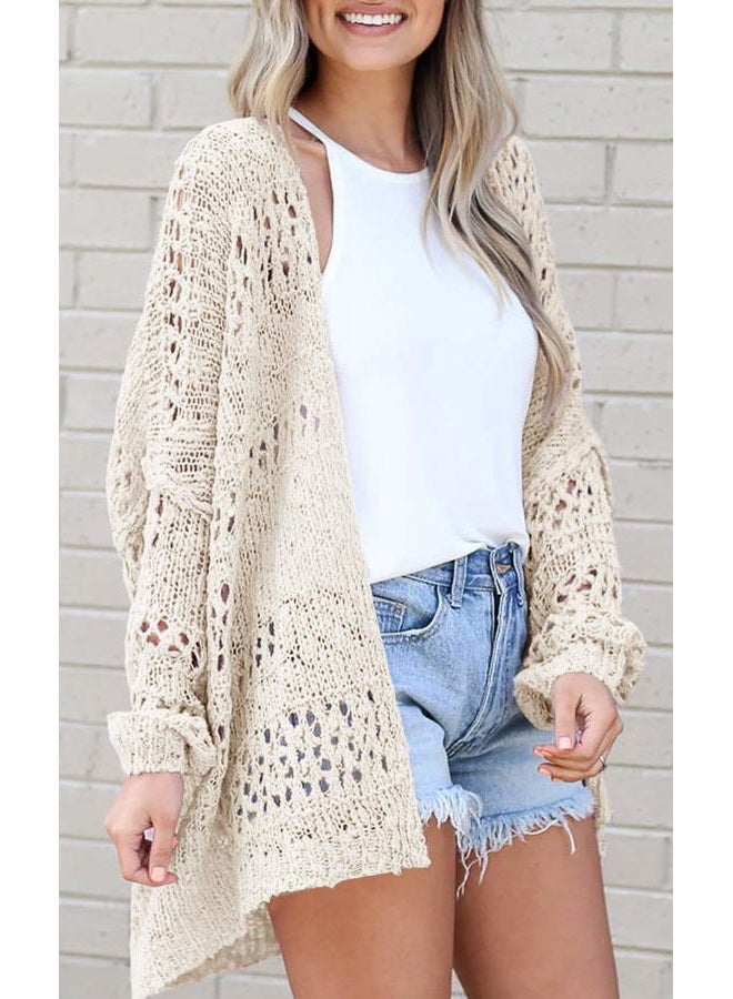 Mafulus Women's Crochet Cardigan Kimono Boho Long Sleeve Lightweight Soft Oversized Open Front Knitted Sweater, Beige, XL - Image 2