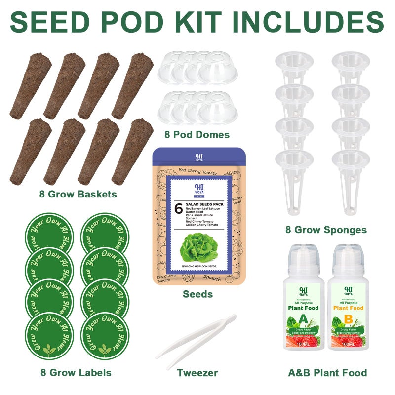 HiHOYA Salad Greens Seed Pod Kit with Lettuce and Tomato, Red and Green Leaf, Butter Head, Spinach for Hydroponic Pods, Grow Anything for Hydroponics Growing System Kit, Plant Food and Growing Guide 8-Pod - Image 3