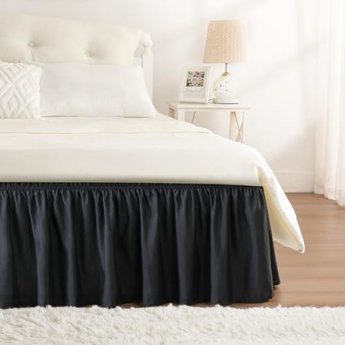 RIMELA Black King Size Bed Skirt 12 Inch Drop, Elastic Bed Skirts Cal King Dust Ruffle, Black Bedskirt for Adjustable Bed Base Solid Fade Resistant Silky Fabric Machine Washable Easy to Install - Image 1