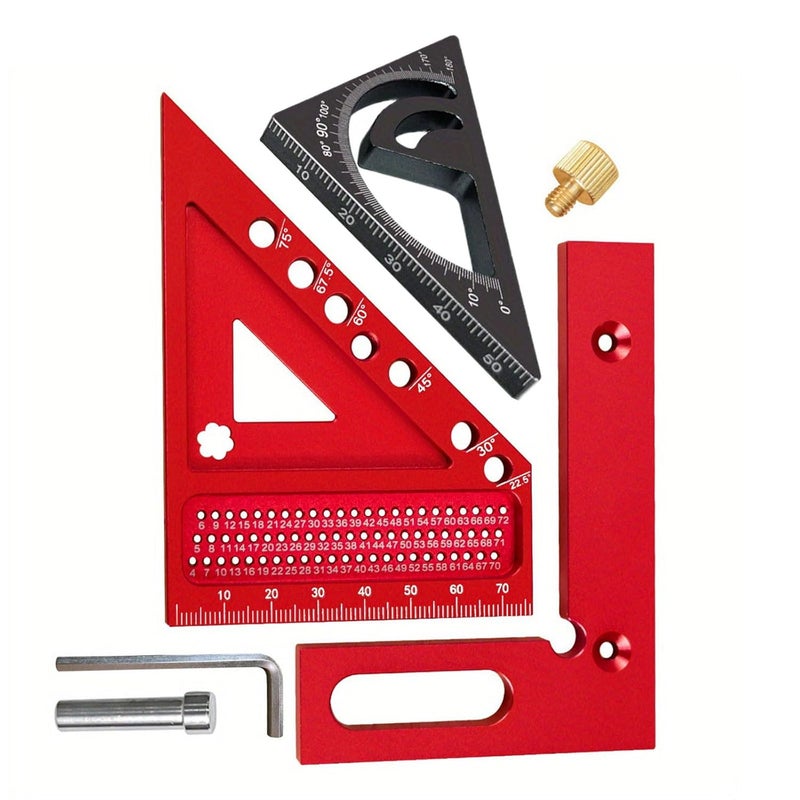 مجموعة مربع نجارة متعددة الوظائف باللونين الأحمر والأسود أداة قياس دقيقة للاستخدام المنزلي والمهني - Image 2