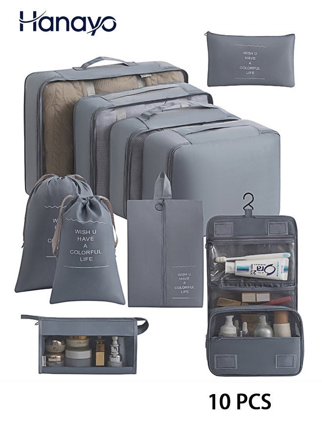 Hanayo 10 Pieces Luggage Organizer Set, Travel Luggage Organizer, Travel Packing Set, Large Capacity Storage Bag, Waterproof Travel Storage Bag (Grey) - Image 1