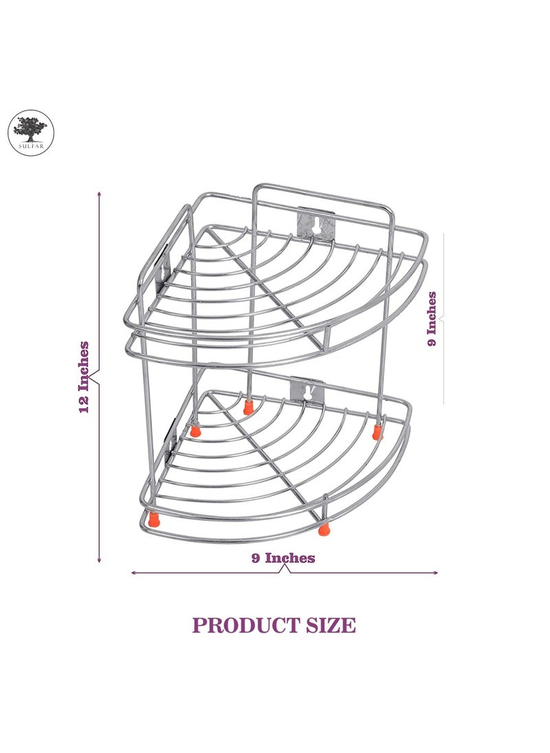 sulfar Stainless Steel 2 Tier Bottle Corner Basket Double Corner Basket 2 Shelf Modular Corner Kitchen Rack Kitchen & Bath Fixtures (Silver) Pack of 1  - Image 2