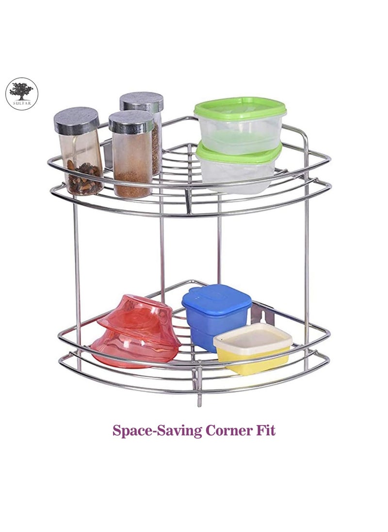 sulfar Stainless Steel 2 Tier Bottle Corner Basket Double Corner Basket 2 Shelf Modular Corner Kitchen Rack Kitchen & Bath Fixtures (Silver) Pack of 1  - Image 5