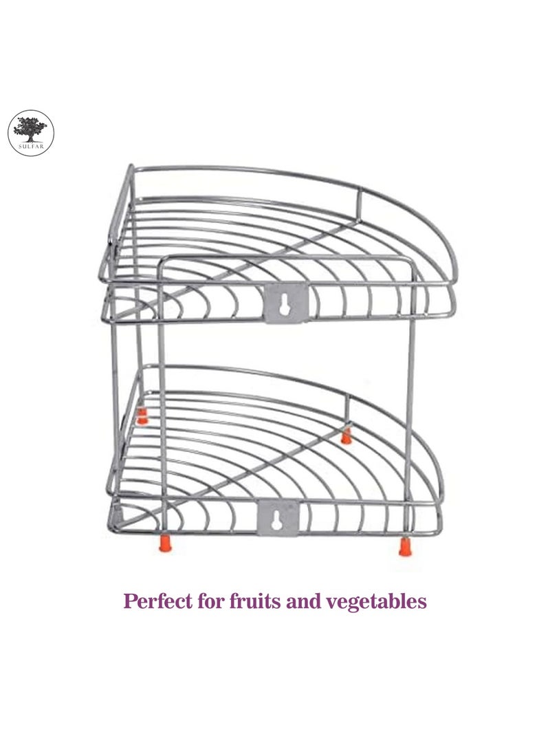 sulfar Stainless Steel 2 Tier Bottle Corner Basket Double Corner Basket 2 Shelf Modular Corner Kitchen Rack Kitchen & Bath Fixtures (Silver) Pack of 1  - Image 3
