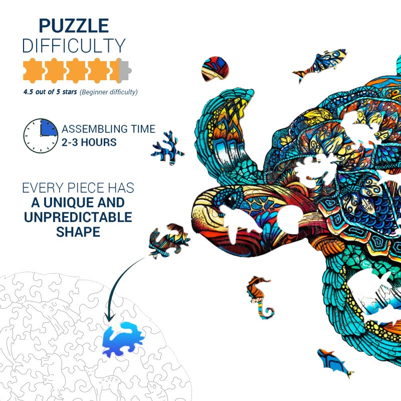 Jigfoxy Wooden Puzzles for Adults, Sea Turtle Wooden Jigsaw Puzzles for Adults Kids, Unique Animal Shape Wood Cut Puzzles, Christmas Thanksgiving Gifts for Family Turtle Lover (S-9.1 * 7.7in-100pcs) - Image 3