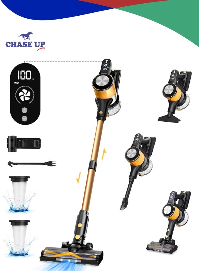 Chase Up Cordless Vacuum Cleaner, 25Kpa Powerful Suction Stick Vacuum, 45Mins Runtime Detachable Battery, 3 Power Modes & LED Display, Ideal for Home, Car, Hard Floor, Carpet, Pet Hair, Gold - Image 1