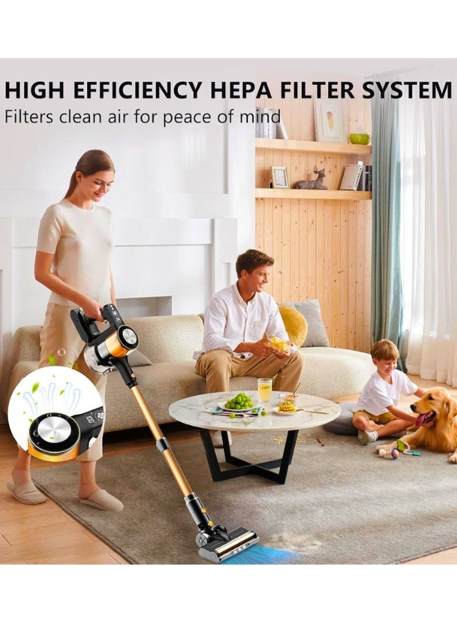 Chase Up Cordless Vacuum Cleaner, 25Kpa Powerful Suction Stick Vacuum, 45Mins Runtime Detachable Battery, 3 Power Modes & LED Display, Ideal for Home, Car, Hard Floor, Carpet, Pet Hair, Gold - Image 3