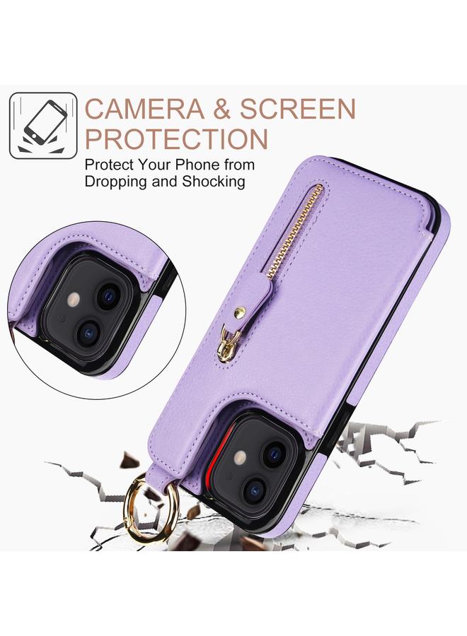 زبون جراب لهاتف iPhone 12 من نسيج الليتشي مع سحاب ومشبك مزدوج وحقيبة بطاقات وحافظة هاتف - Image 3