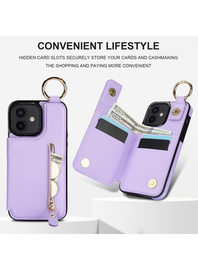 زبون جراب لهاتف iPhone 12 من نسيج الليتشي مع سحاب ومشبك مزدوج وحقيبة بطاقات وحافظة هاتف - Image 5