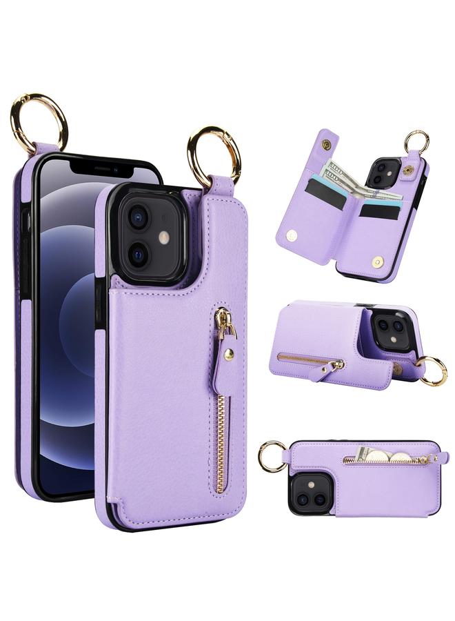 زبون جراب لهاتف iPhone 12 من نسيج الليتشي مع سحاب ومشبك مزدوج وحقيبة بطاقات وحافظة هاتف - Image 1