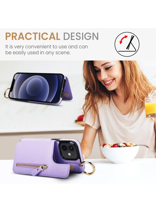 زبون جراب لهاتف iPhone 12 من نسيج الليتشي مع سحاب ومشبك مزدوج وحقيبة بطاقات وحافظة هاتف - Image 4