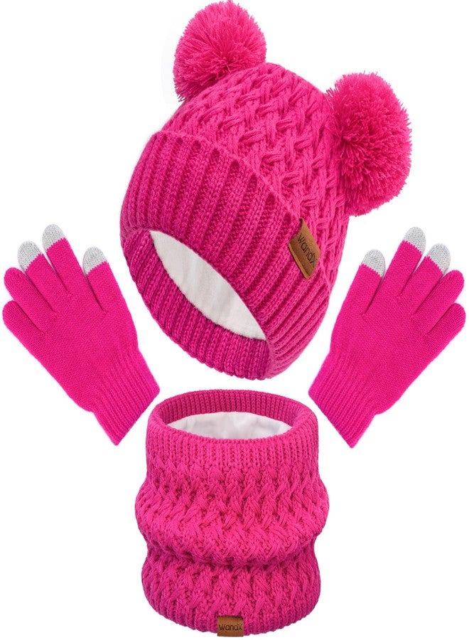 Wandx Kids Winter Hat Gloves Scarf Set Fleece Lined Beanie with Pom knitted Neck Warmer for Boys Girls Aged 2-15 Cold Weather (Rose Pink, 2-8 Year) - Image 1