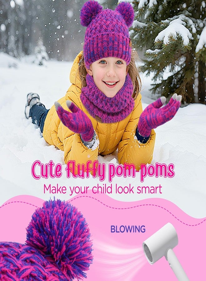 Wandx Kids Winter Hat Gloves Scarf Set Fleece Lined Beanie with Pom knitted Neck Warmer for Boys Girls Aged 2-15 Cold Weather (Rose Pink, 2-8 Year) - Image 3