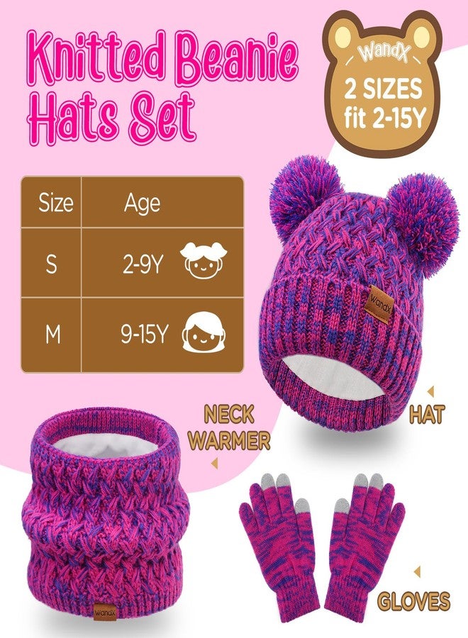 Wandx Kids Winter Hat Gloves Scarf Set Fleece Lined Beanie with Pom knitted Neck Warmer for Boys Girls Aged 2-15 Cold Weather (Rose Pink, 2-8 Year) - Image 2
