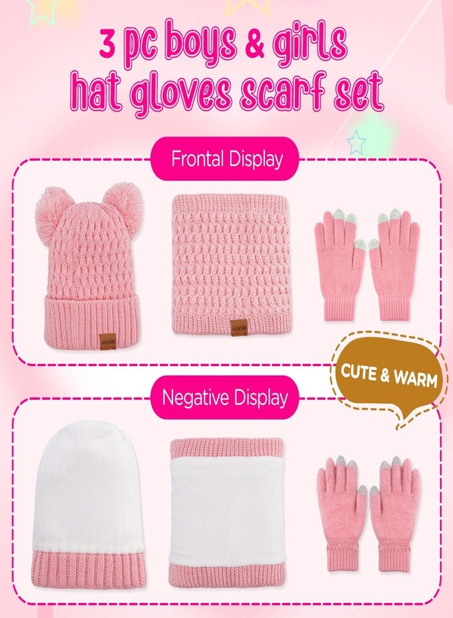 Wandx Kids Winter Hat Gloves Scarf Set Fleece Lined Beanie with Pom knitted Neck Warmer for Boys Girls Aged 2-15 Cold Weather (Rose Pink, 2-8 Year) - Image 4