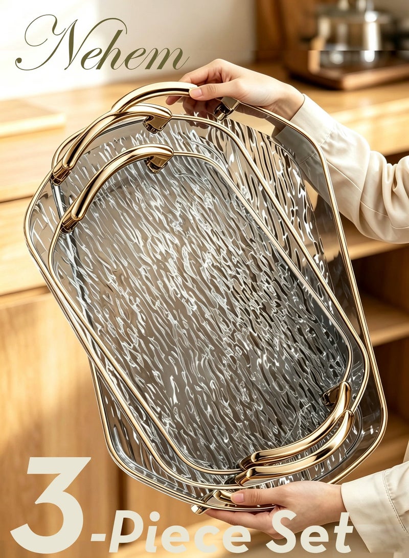 nehem 3 PCS Clear Serving Tray, With Polished Metal Handles, Wavy Pattern, Spill-Proof, Decorative for Coffee Table & Tea  Storage - Image 1