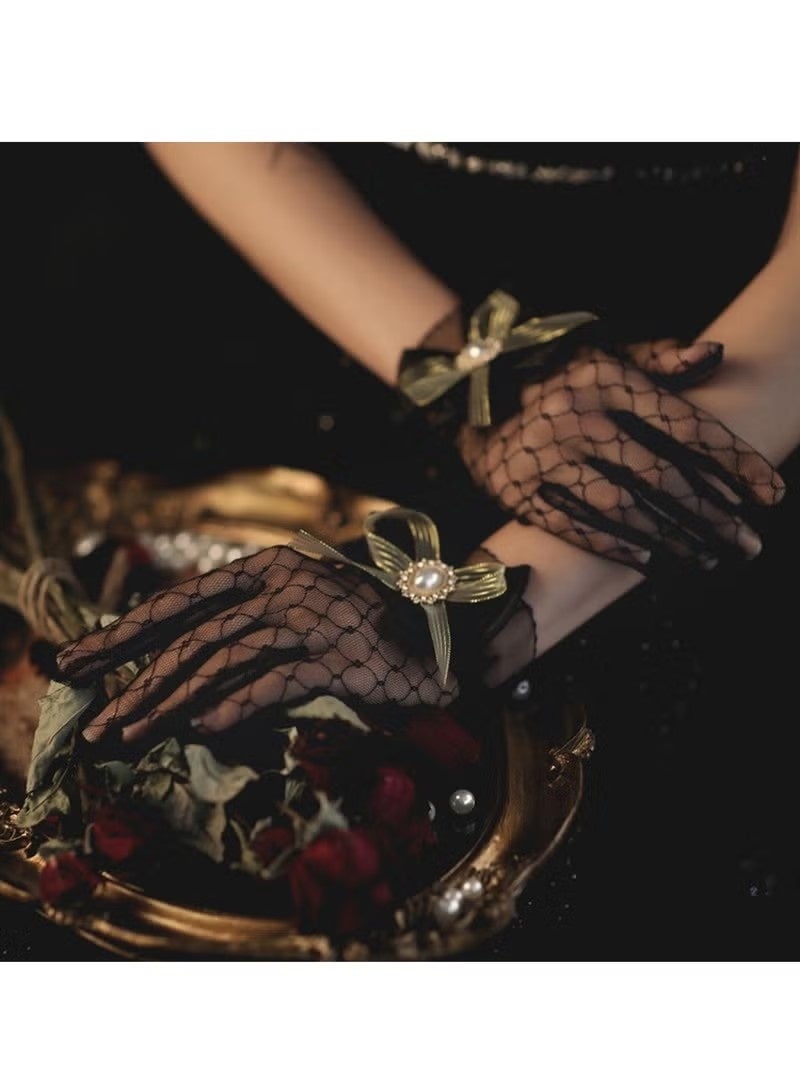 1920s Tea Party Gloves for Women Lace Gloves Mesh Gloves Elegant Short Vintage Bow Short Prom Glove Evening Elegant Accessories for Wedding - Image 2