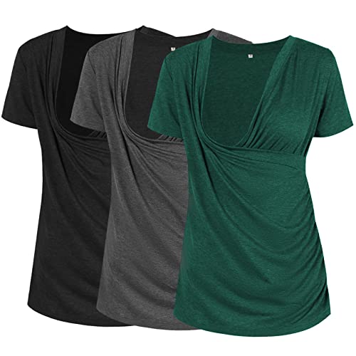 Liu & Qu Women's Maternity Nursing Tops, Layered Wrap for Breastfeeding, V-Neck Short Sleeve Tee Shirts 3 Packs - Image 1
