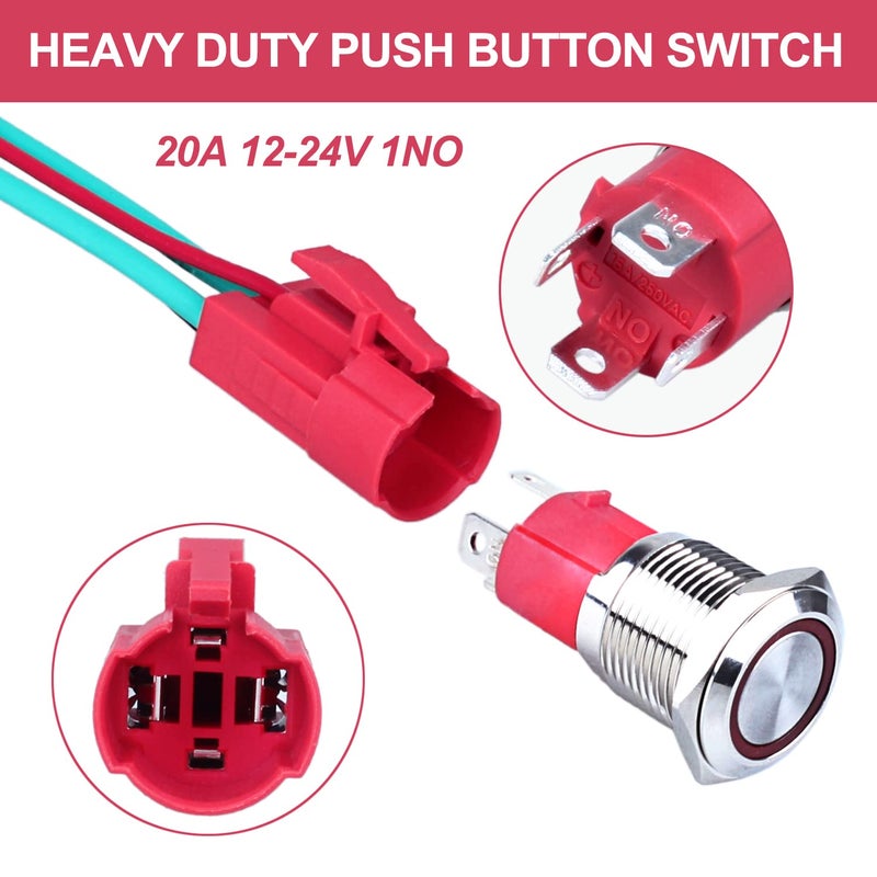 DMWD 16mm Heavy Duty Latching Metal Push Button Switch Waterproof Large Current 20Amp 12V-24V ON-OFF 1NO 4 Pins with Pre-wired Harness (Halo Ring Blue LED) - Image 4
